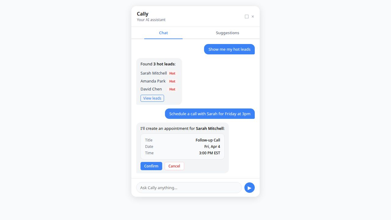 Cally AI assistant chat interface showing natural language queries for hot leads and appointment scheduling with confirmation flow